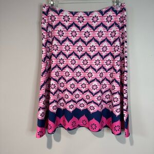 Whimsy Rose Women's Small A Line Pink Navy White Pattern Skirt Silky Pull On